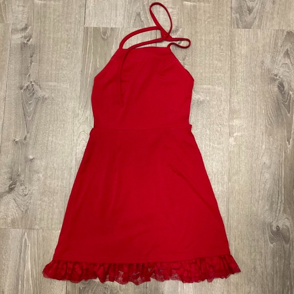 red zaful backless halter dress